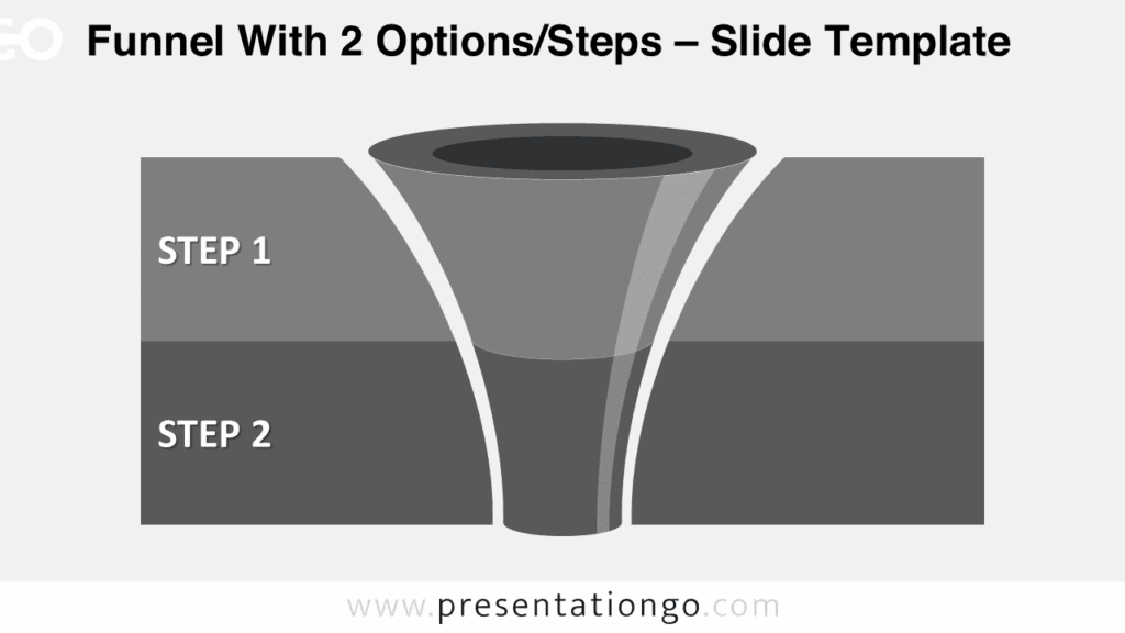 Free editable curved gray funnel diagram for PowerPoint with two levels and horizontal gray banners for each stage