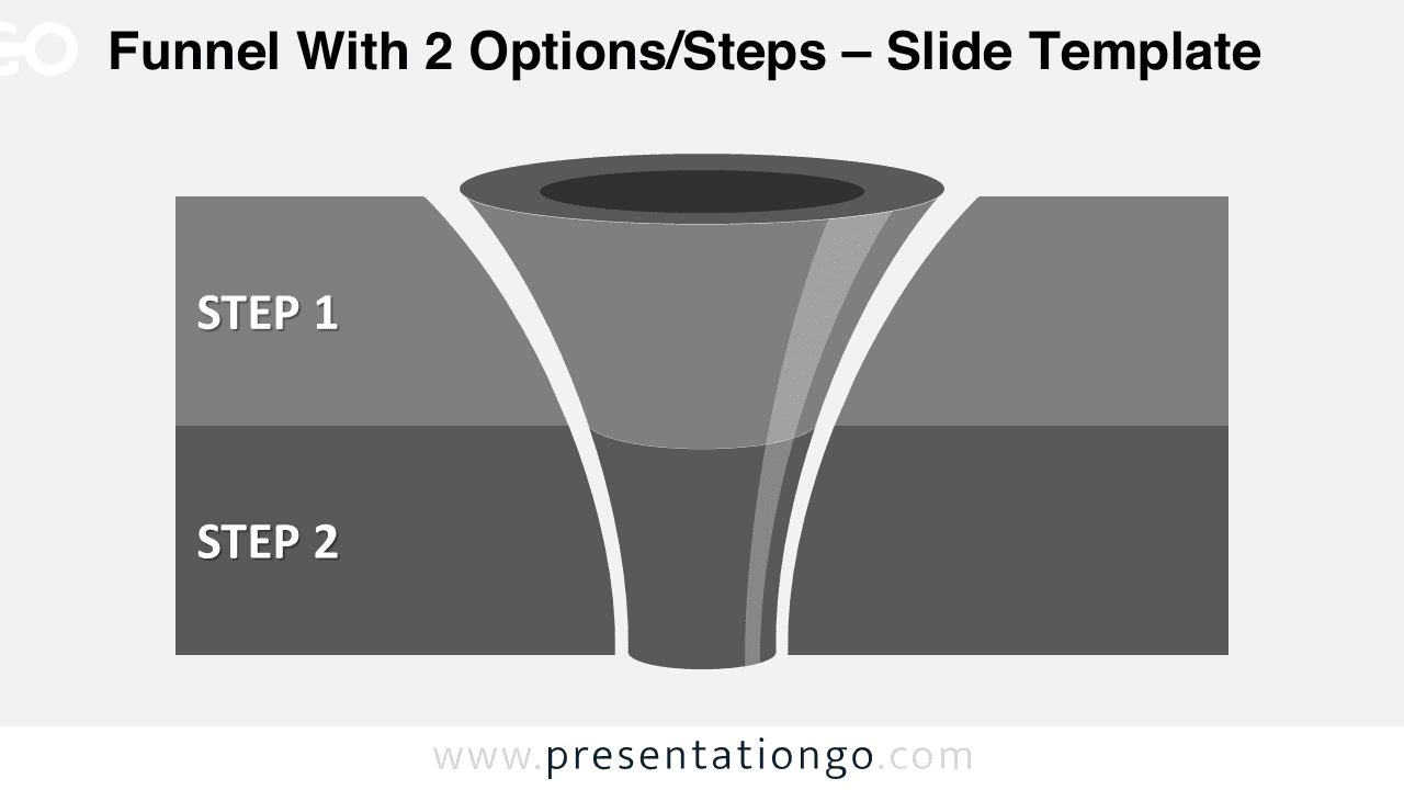 Free editable curved gray funnel diagram for PowerPoint with two levels and horizontal gray banners for each stage