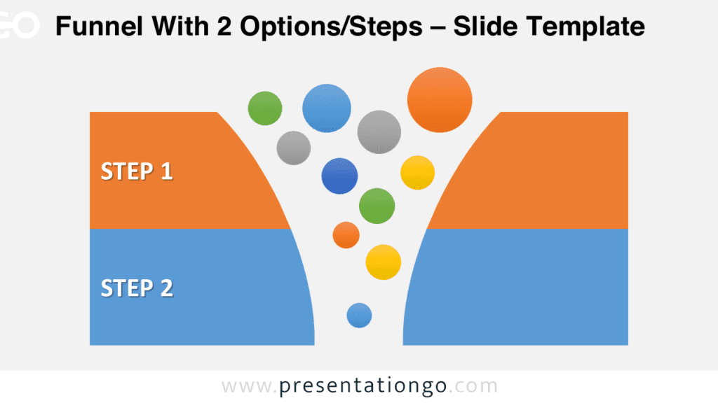 Two stage funnel graphics for PowerPoint with colorful bubbles flowing into curved funnel and horizontal banners for each step