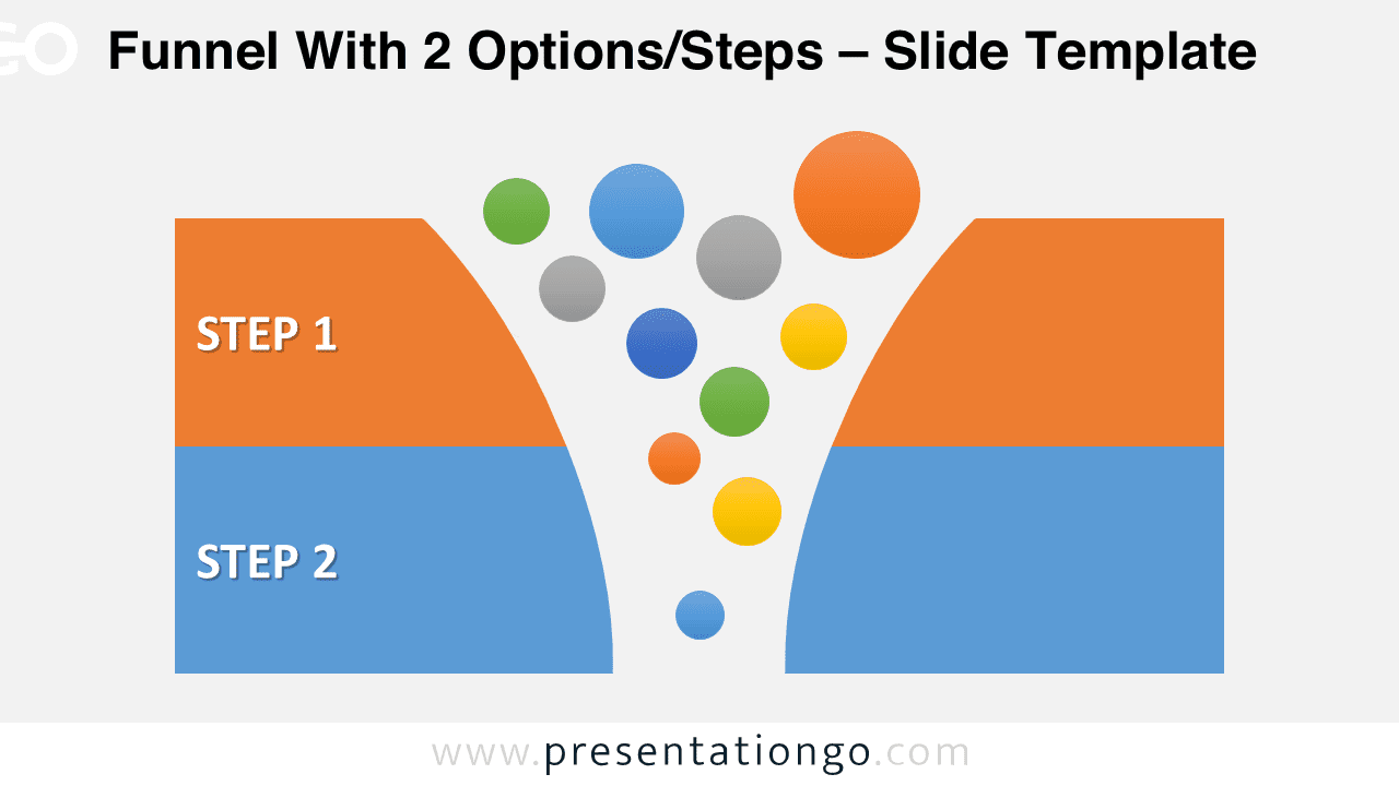 Two stage funnel graphics for PowerPoint with colorful bubbles flowing into curved funnel and horizontal banners for each step