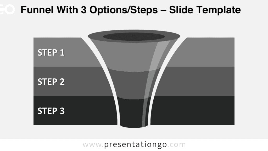 Free editable curved gray funnel diagram for PowerPoint with three levels and horizontal gray banners for each stage