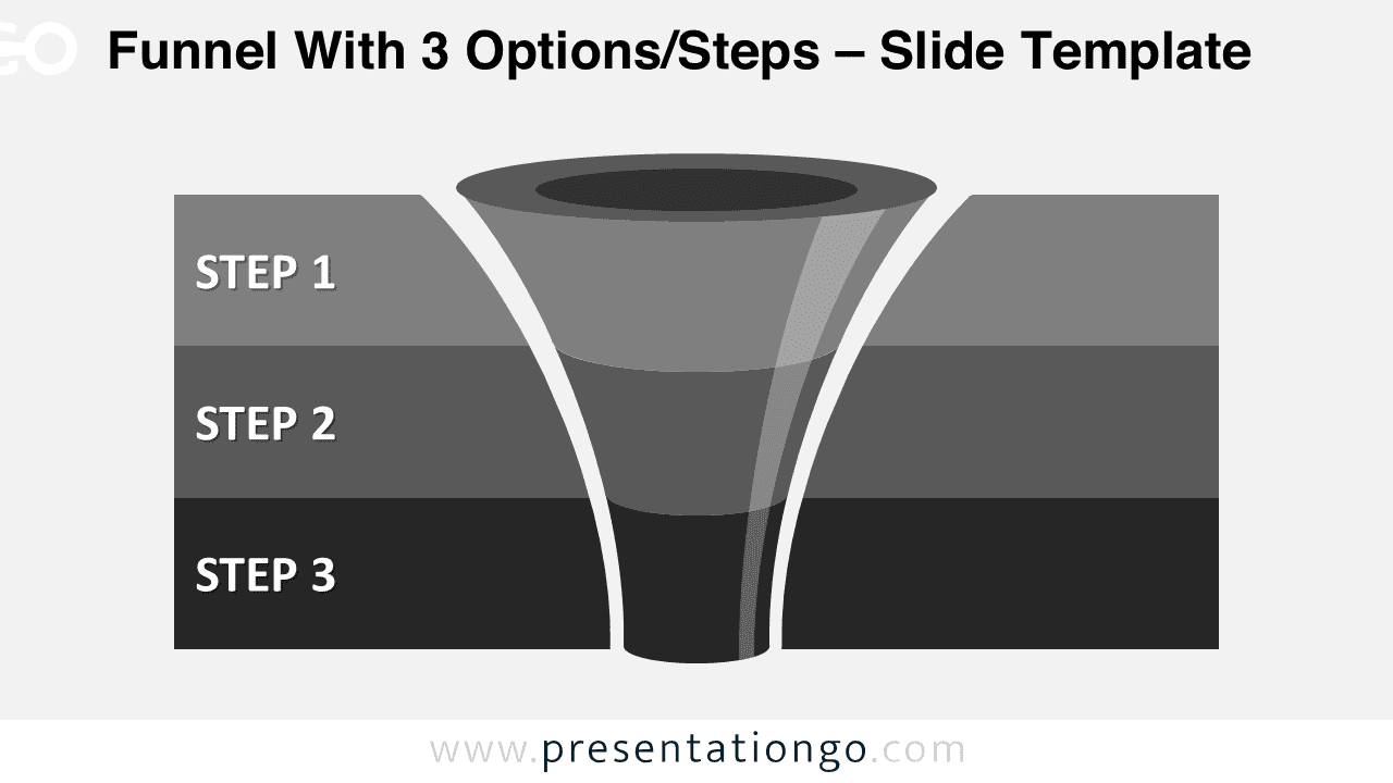 Free editable curved gray funnel diagram for PowerPoint with three levels and horizontal gray banners for each stage