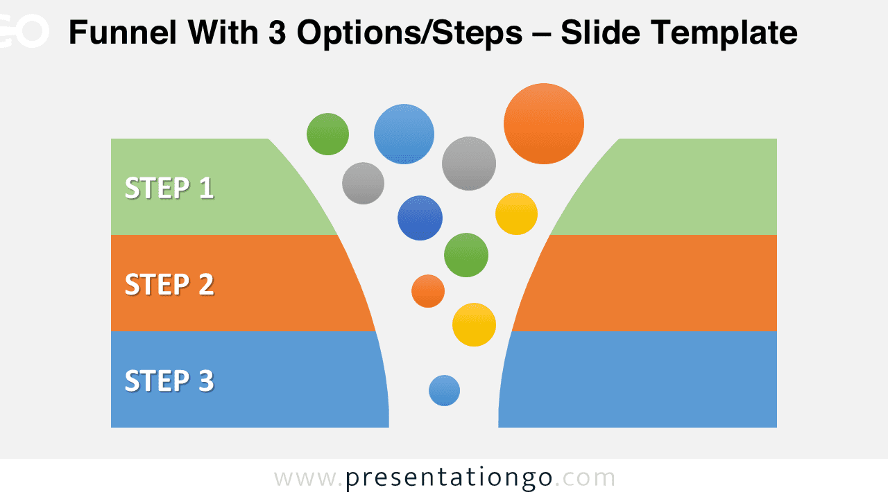 Three stage funnel graphics for PowerPoint with colorful bubbles entering curved funnel and horizontal banners for each step