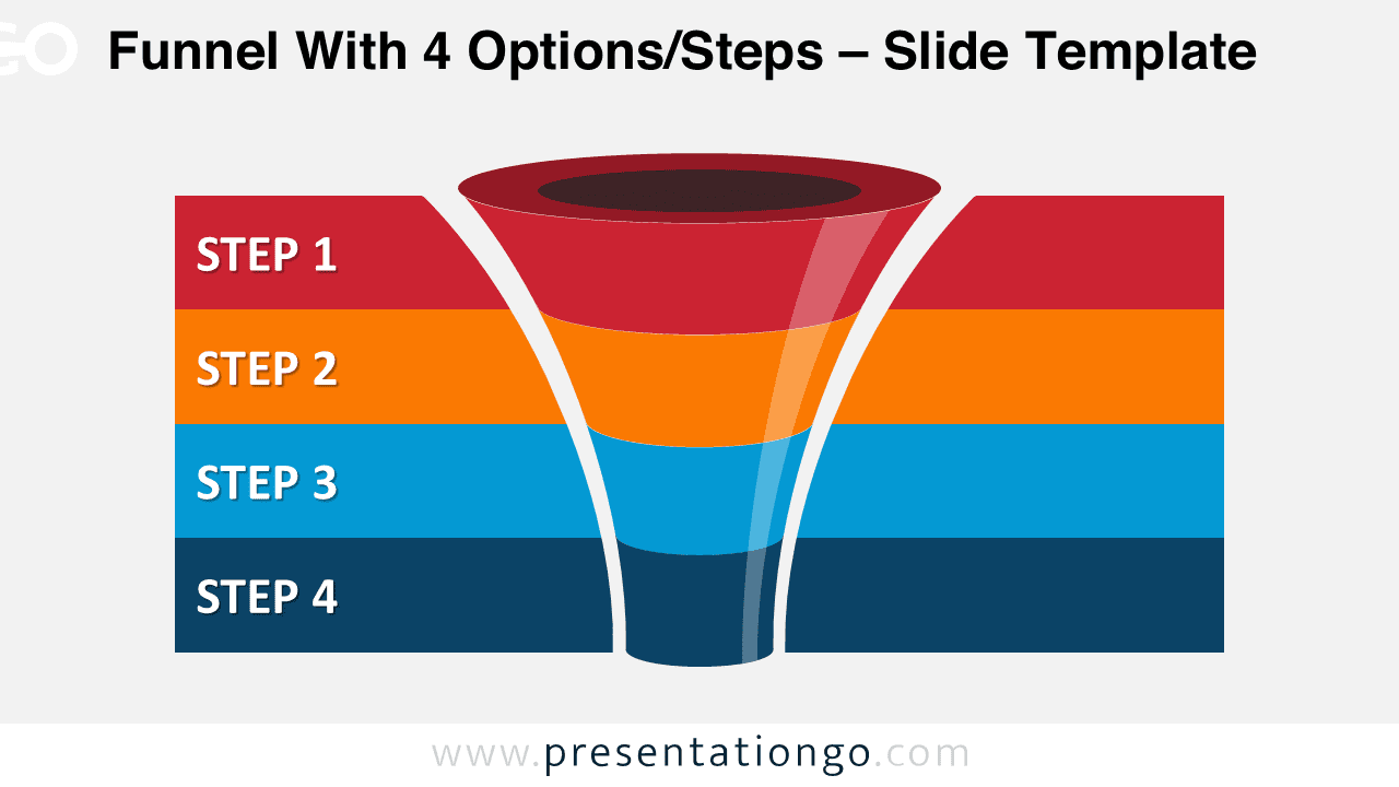 Free editable curved funnel diagram for PowerPoint with four levels and horizontal colorful banners showing stages of a process
