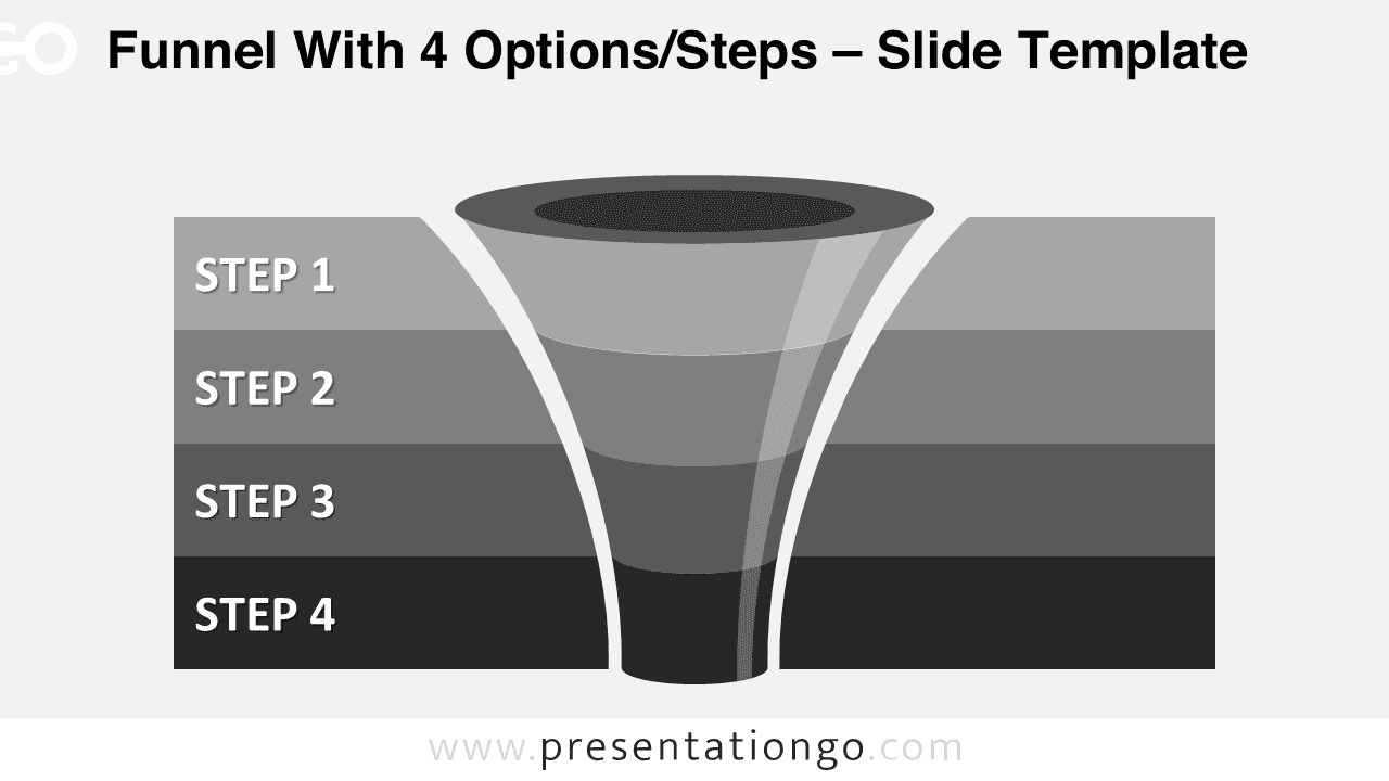 Free editable curved gray funnel diagram for PowerPoint with four levels and horizontal gray banners for each stage