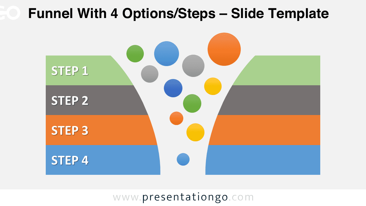 Four stage funnel graphics for PowerPoint with colorful bubbles flowing into curved funnel and horizontal banners for each step