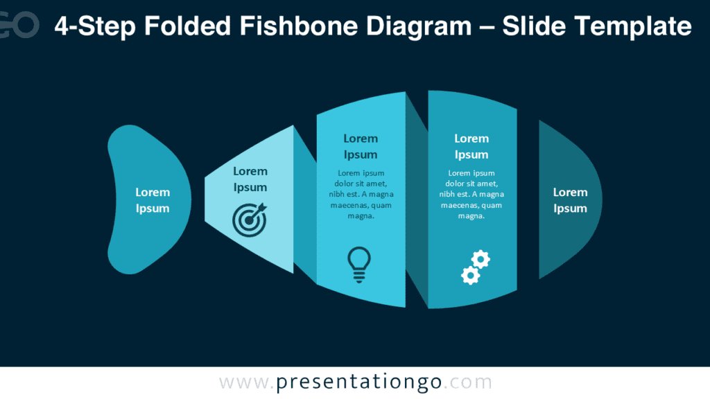 4-Step Folded Fishbone Diagram for Dark Background Slides 4-step folded fishbone diagram for PowerPoint optimized for dark slides, presenting structured cause-and-effect analysis.