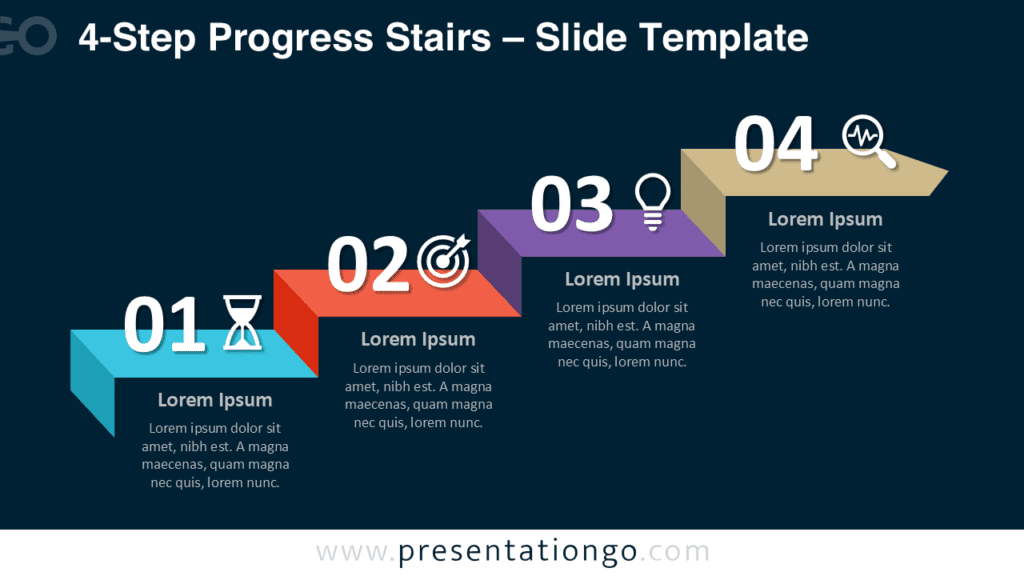 4-Step Progress Stairs Diagram on Dark Background 4-step progress stairs diagram for PowerPoint optimized for dark slides, showing a structured process with numbered steps and icons