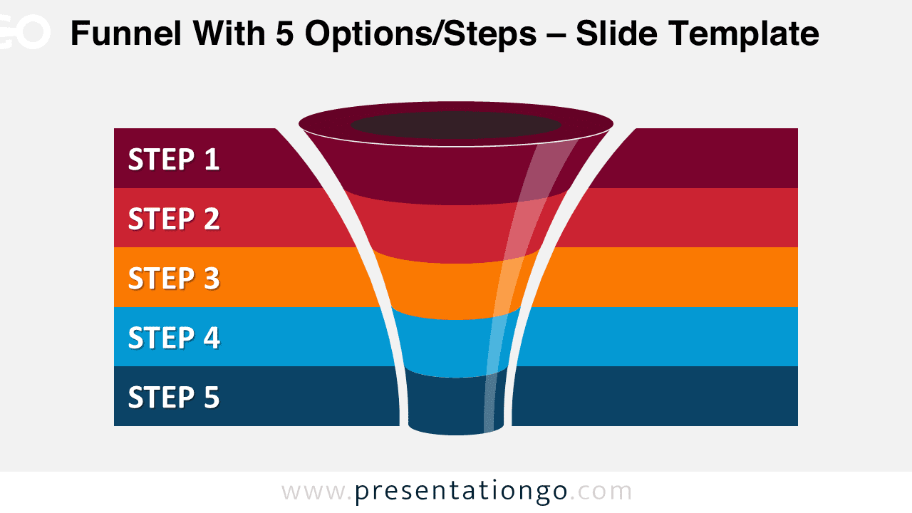 Free editable curved funnel diagram for PowerPoint with five levels and horizontal colorful banners representing each stage of a process