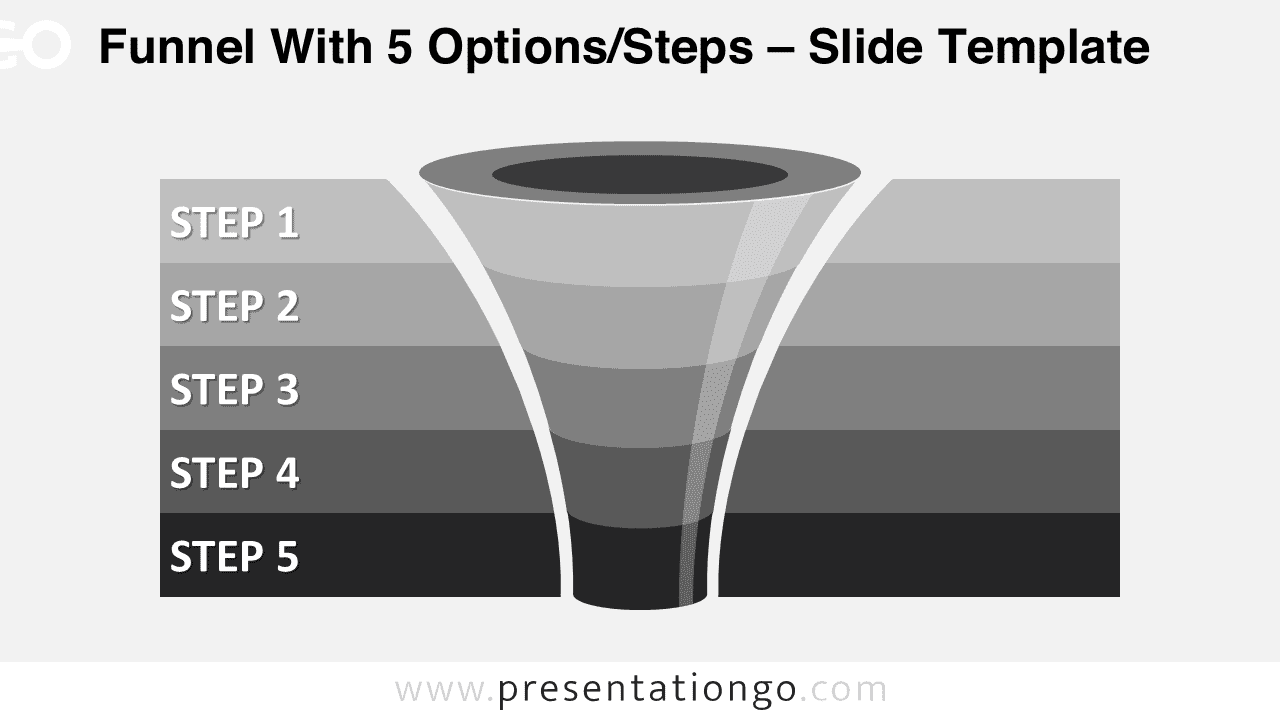 Free editable curved gray funnel diagram for PowerPoint with five levels and horizontal gray banners representing stages