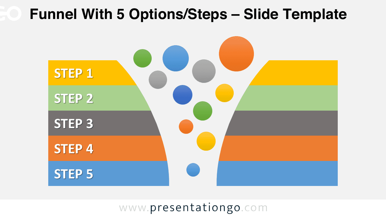 Five stage funnel graphics for PowerPoint with colorful bubbles flowing into curved funnel and horizontal banners for each step