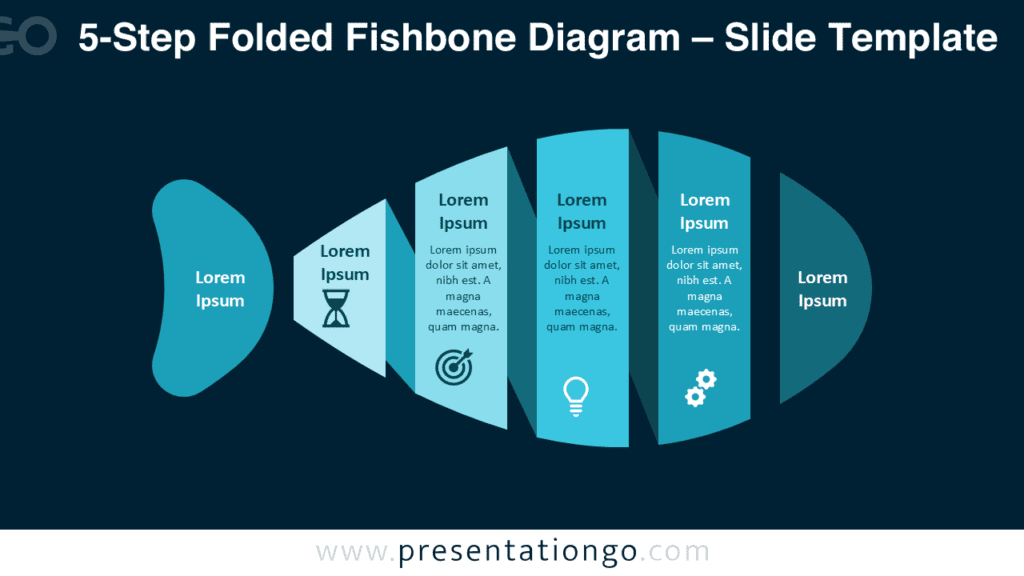 5-Step Folded Fishbone Diagram for Dark Background Slides 5-step folded fishbone diagram for PowerPoint adapted for dark slides, supporting complex cause-and-effect explanations.