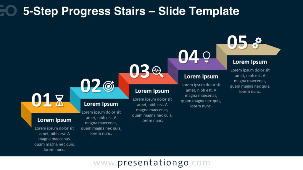 5-Step Progress Stairs Diagram on Dark Background 5-step progress stairs diagram for PowerPoint optimized for dark slides, ideal for presenting detailed processes and progression