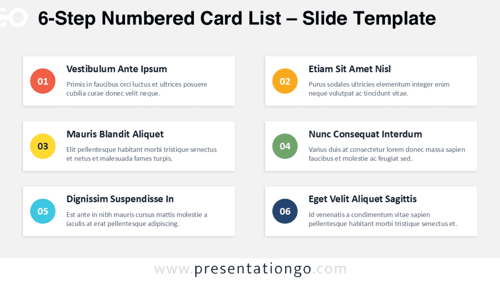Editable 6-step numbered card list with two-column cards for PowerPoint and Google Slides, perfect for workflows, phases, and key points.