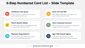Editable 6-step numbered card list with two-column cards for PowerPoint and Google Slides, perfect for workflows, phases, and key points.