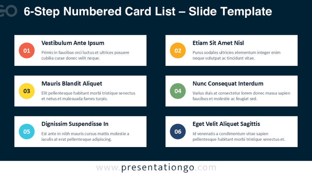6-Step Numbered Card List Dark Background for PowerPoint 6-step numbered card list on a dark background with colored badges for PowerPoint and Google Slides, ideal for roadmaps and processes.