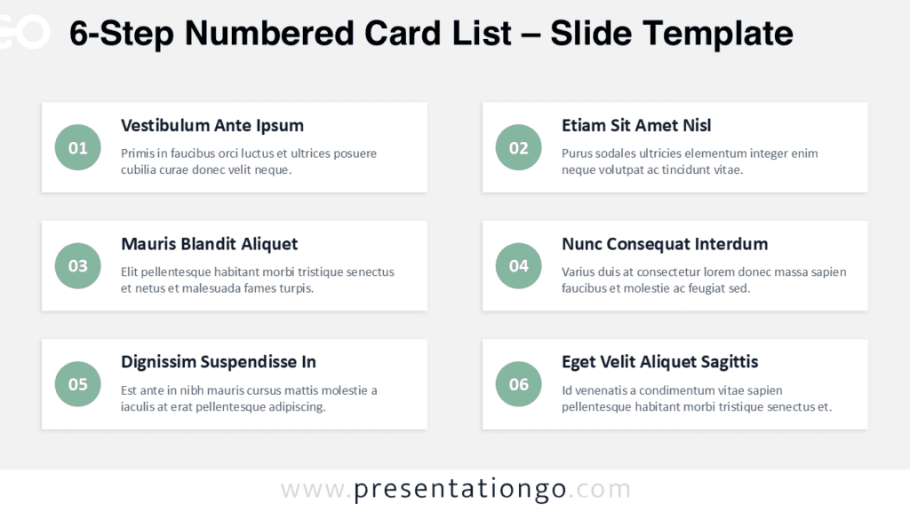 6-Step Numbered Card List Monochrome Diagram for PowerPoint Monochrome 6-step numbered card list with clean cards and sage badges for PowerPoint and Google Slides, suited for agendas and checklists.