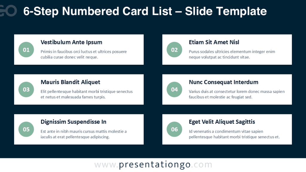 6-Step Numbered Card List Monochrome Dark for PowerPoint Monochrome 6-step numbered card list on a dark background for PowerPoint and Google Slides, built for structured plans and summaries.