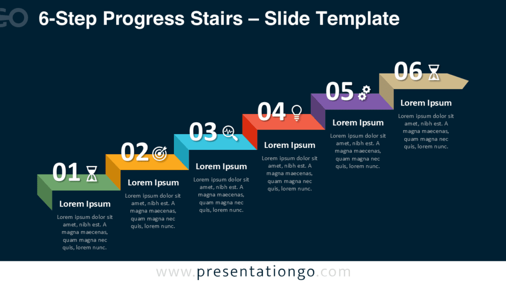 6-Step Progress Stairs Diagram on Dark Background 6-step progress stairs diagram for PowerPoint optimized for dark slides, ideal for presenting detailed processes and progression