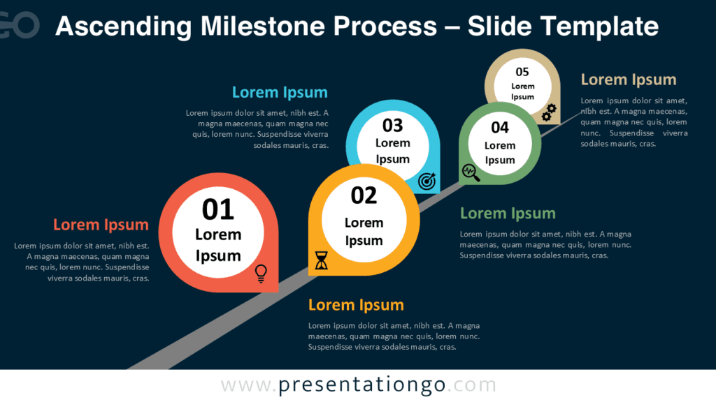 Ascending Milestone Process Diagram Dark Background for PowerPoint Ascending Milestone Process Diagram for PowerPoint with dark background, featuring five milestone steps and editable icon elements.