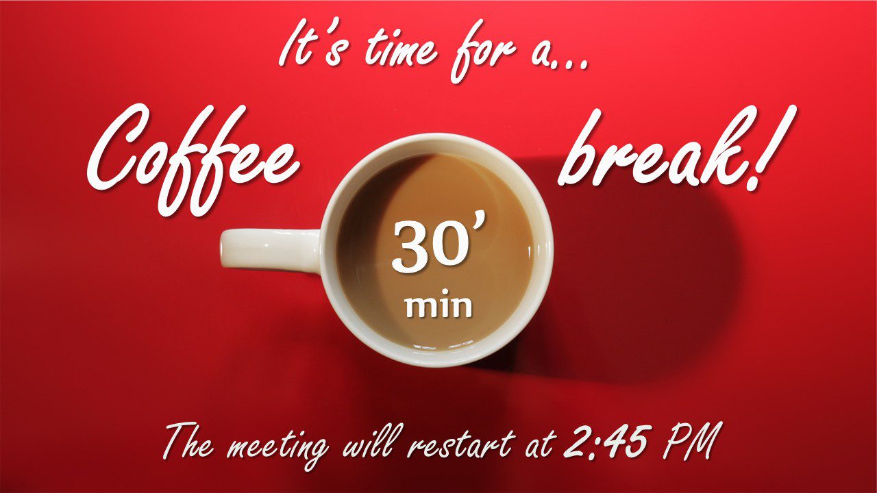 Coffee break PowerPoint template with red background and top view coffee cup showing pause duration and meeting restart time
