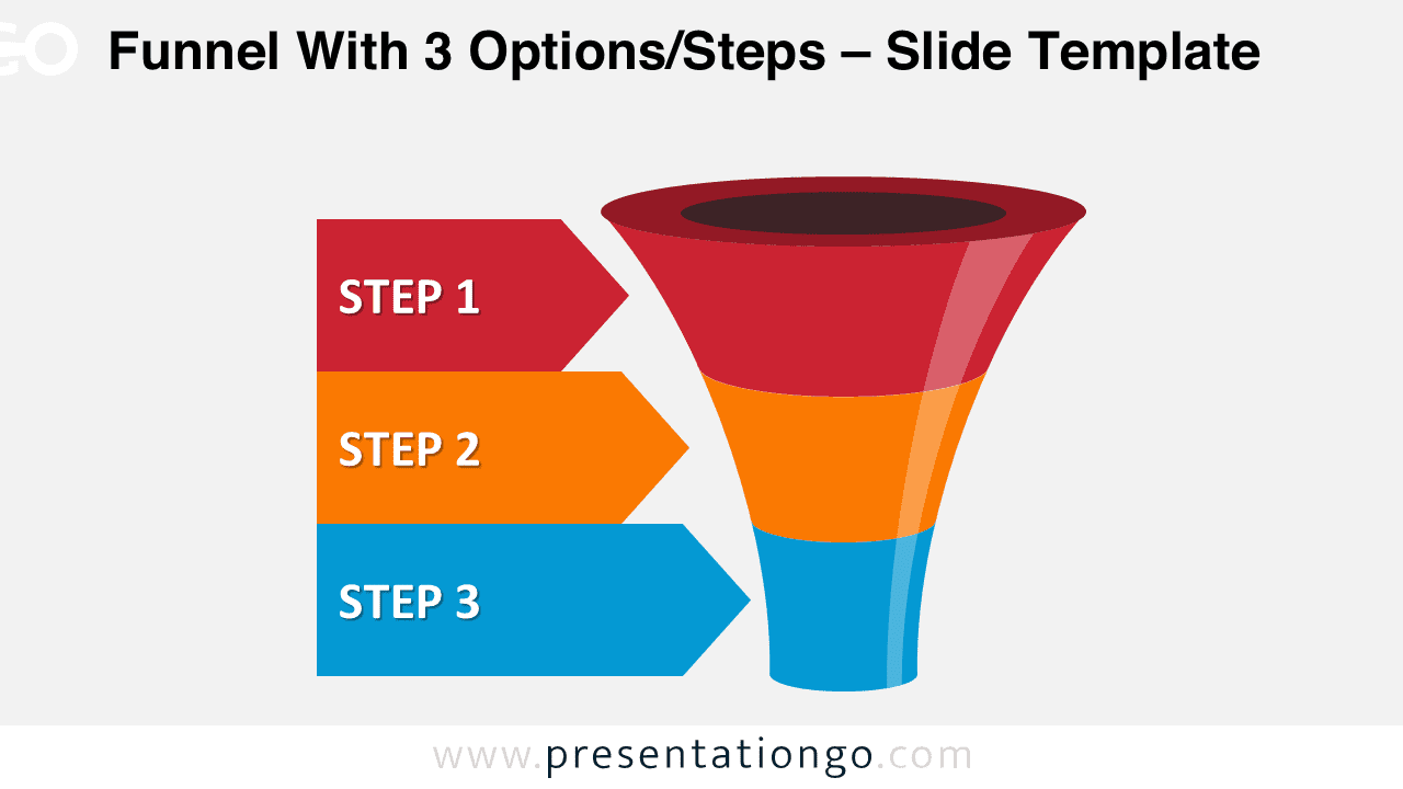 Editable colorful funnel diagram for PowerPoint with three stages and side arrows highlighting each option in a vertical process flow