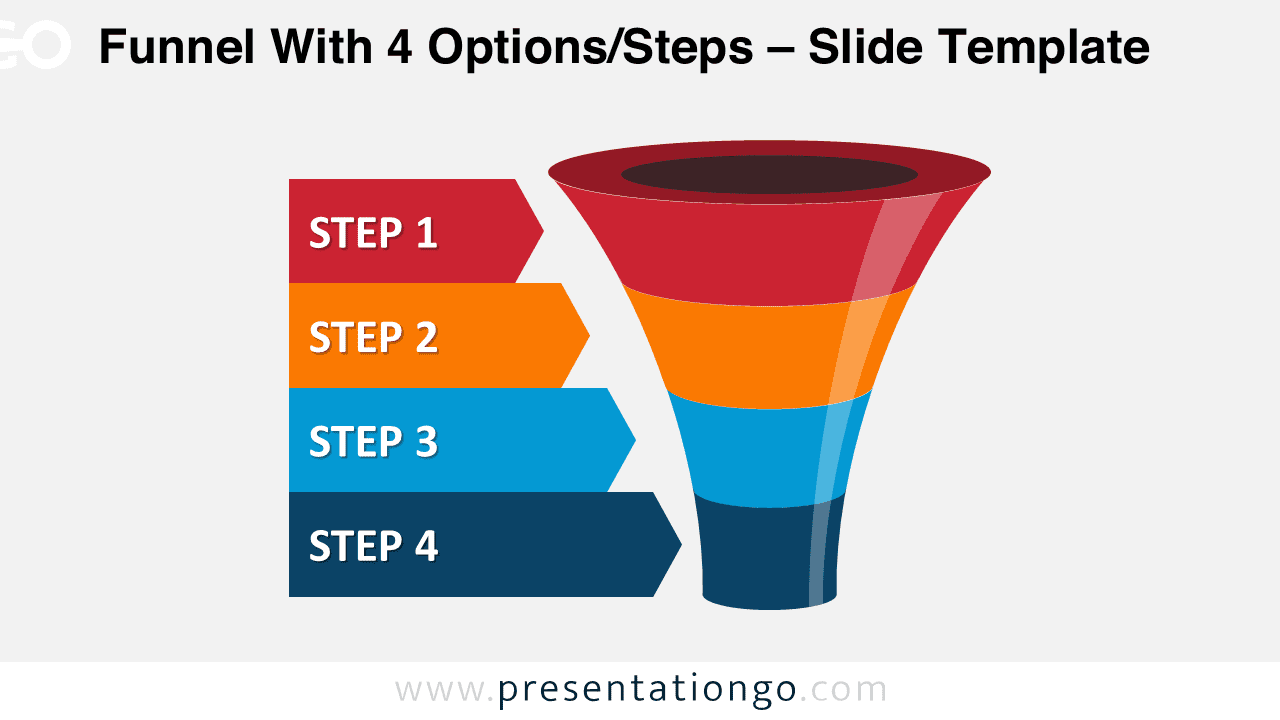 Editable colorful funnel diagram for PowerPoint with four stages and side arrows highlighting each option in a vertical process flow