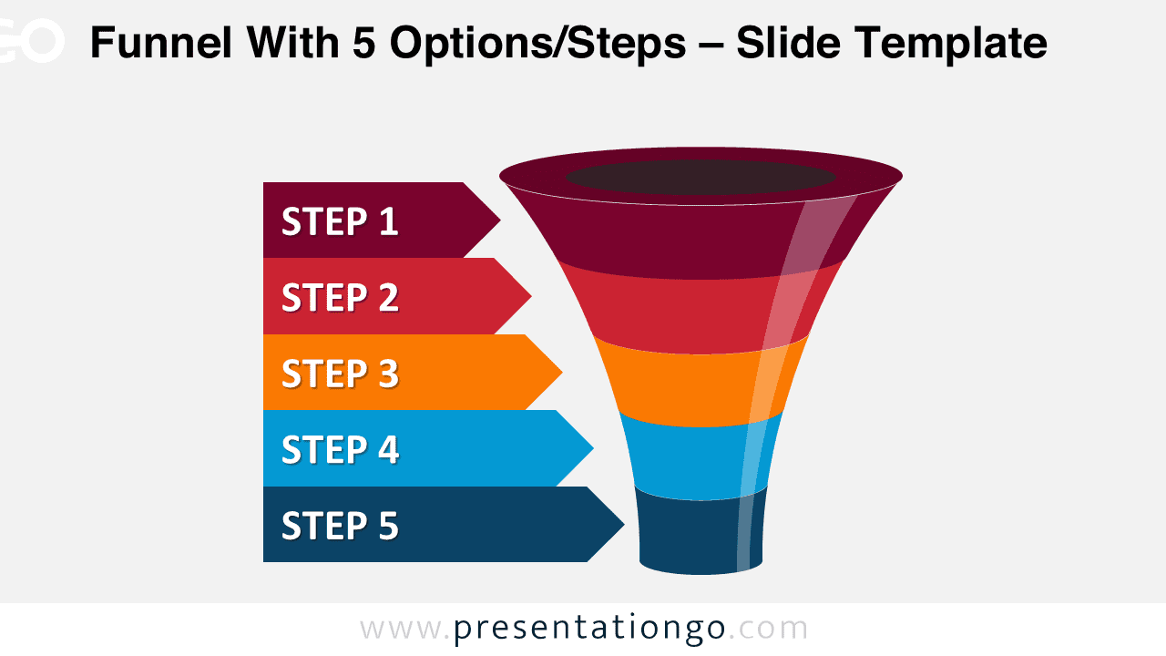 Editable colorful funnel diagram for PowerPoint with five stages and side arrows highlighting each option in a vertical process flow