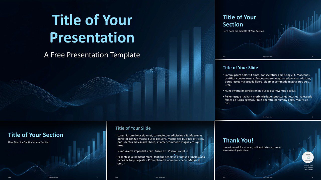 DataWave Insights presentation template for PowerPoint and Google Slides showcasing all slides with cohesive blue business design.