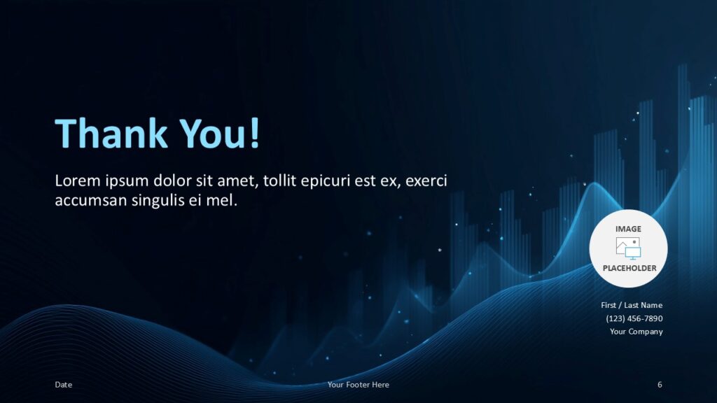 DataWave Insights Thank You PowerPoint Google Slides Thank you slide from DataWave Insights template for PowerPoint and Google Slides including contact layout and modern blue design.