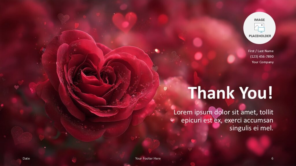 Eternal Love Thank You Slide PowerPoint and Google Slides Thank you slide from the Eternal Love PowerPoint and Google Slides template with warm closing message, contact placeholder, and romantic styling.