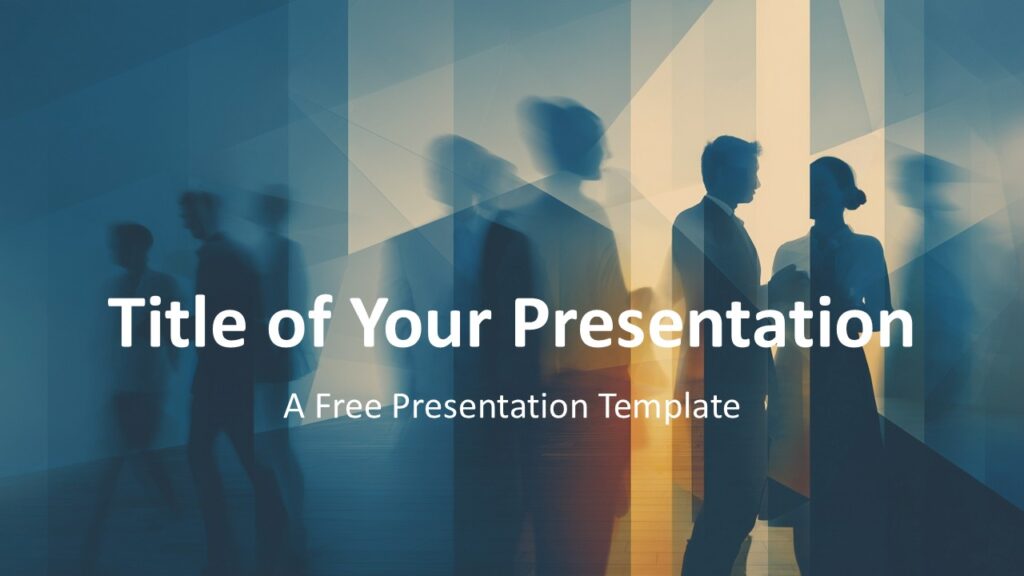 Executive Motion Cover PowerPoint Google Slides Executive Motion cover slide template for PowerPoint and Google Slides with corporate silhouettes and geometric overlays.