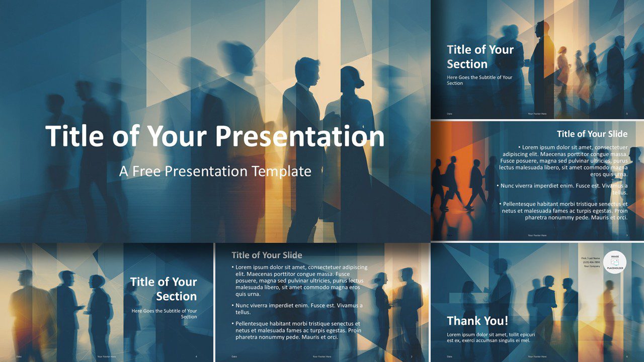 Executive Motion business template for PowerPoint and Google Slides featuring seven modern corporate slides with dynamic overlays.