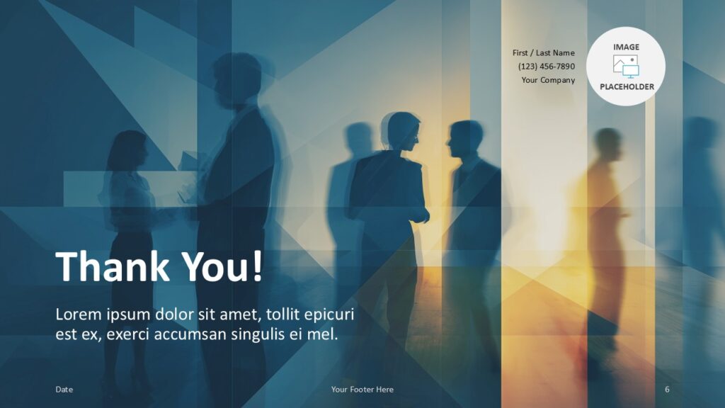 Executive Motion Thank You PowerPoint Google Slides Executive Motion thank you slide template for PowerPoint and Google Slides with contact layout and executive design.