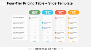 Four-Tier Pricing Table diagram for PowerPoint and Google Slides featuring four subscription plans with editable pricing columns and checkmarks.