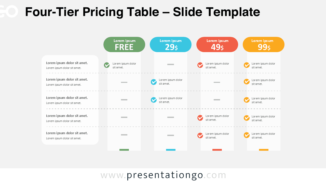 Four-Tier Pricing Table diagram for PowerPoint and Google Slides featuring four subscription plans with editable pricing columns and checkmarks.