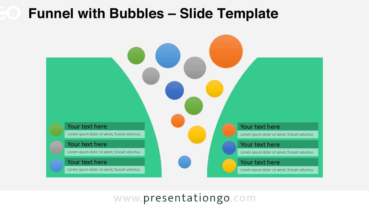 Colorful funnel diagram for PowerPoint with bubbles flowing into curved cone and side text placeholders for process steps or ideas