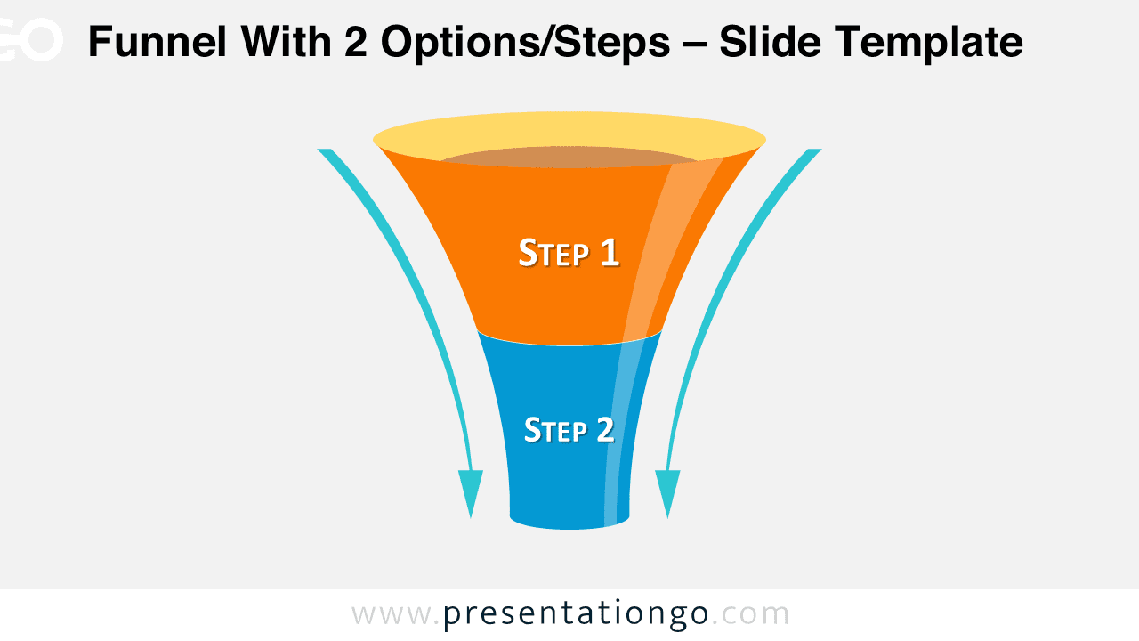Editable 2 step funnel diagram for PowerPoint showing two colored stages in vertical cone with arrows illustrating conversion flow