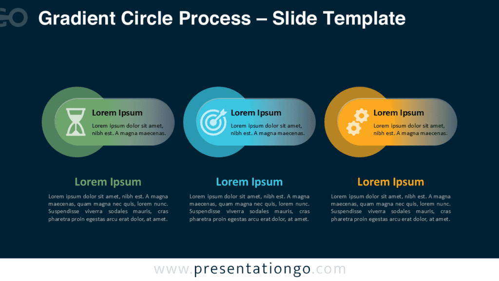 Gradient Circle Process PowerPoint Diagram with Icons Three-step Gradient Circle Process PowerPoint diagram with circular overlays and editable icon placeholders.
