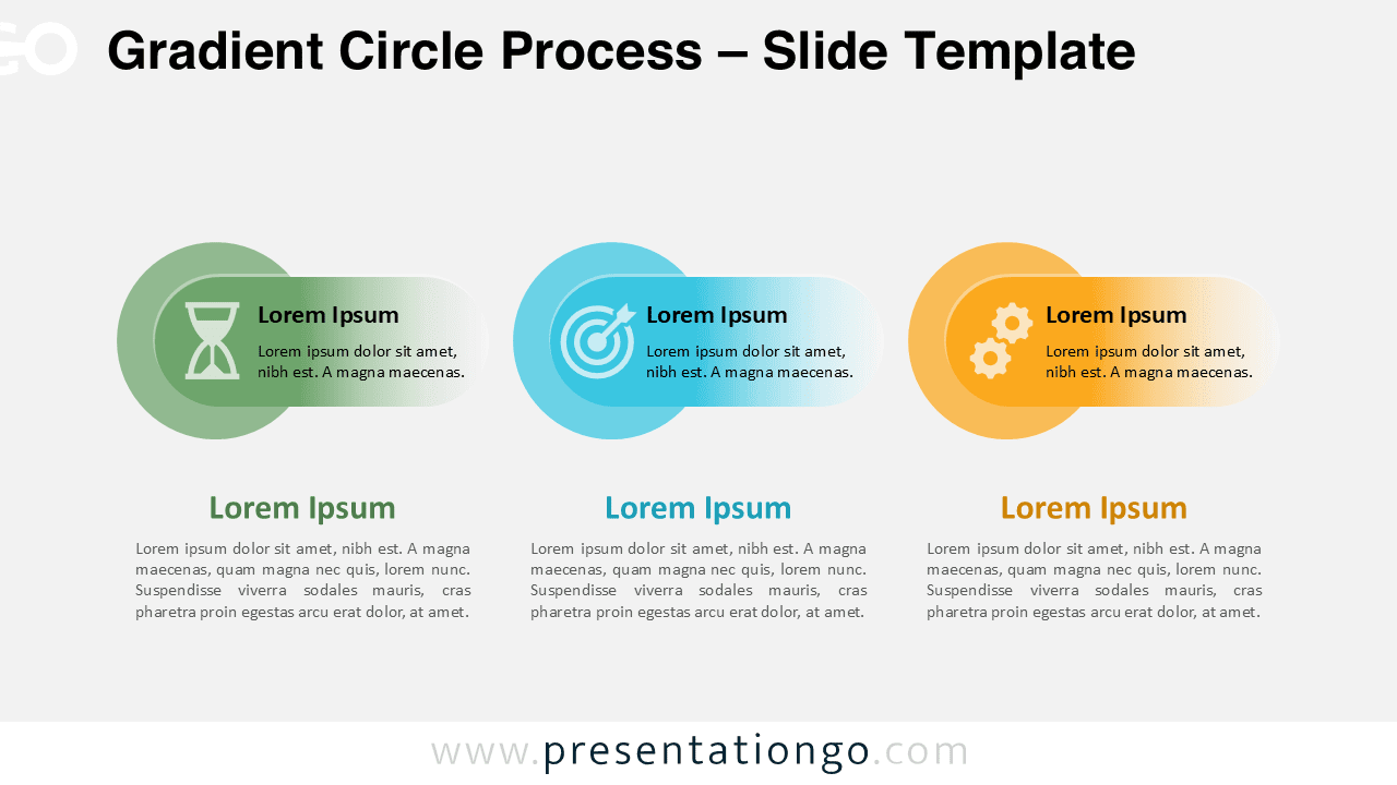 Gradient Circle Process diagram for PowerPoint and Google Slides with three-step horizontal layout and editable icons.
