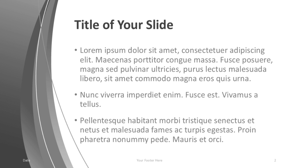 Gray abstract PowerPoint template content slide with curved gradient shapes, white background section and clear business layout