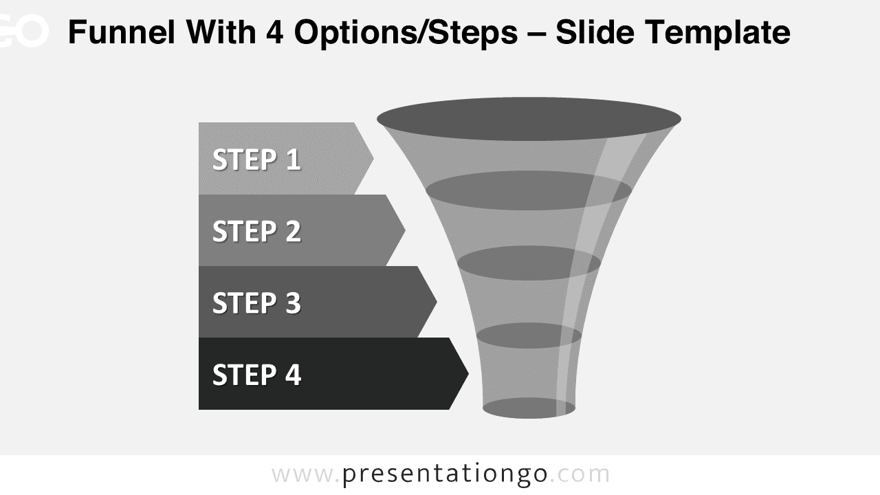 Editable gray funnel diagram for PowerPoint with four stages, transparent cone and left block arrows showing process levels