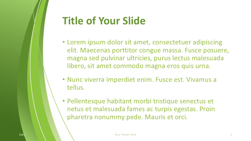 Green Abstract PowerPoint Template Content Slide Green abstract PowerPoint template content slide with curved gradient shapes, white background section and clear business layout