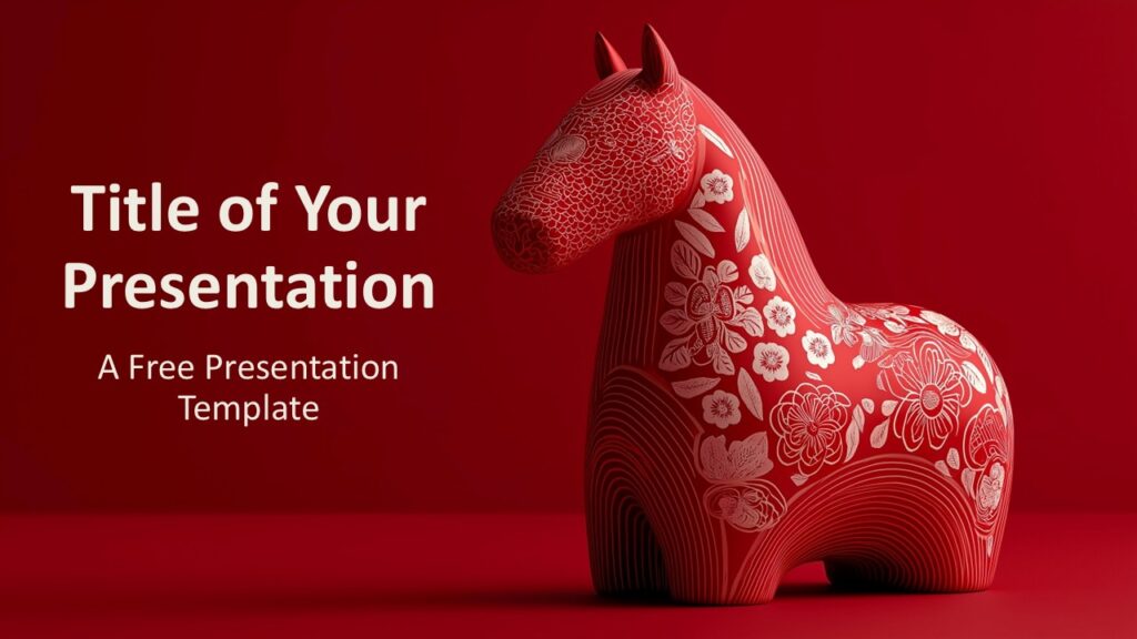 Imperial Nordic Crimson Cover Slide PowerPoint Google Slides Cover slide design of the Imperial Nordic Crimson template for PowerPoint and Google Slides with sculptural Nordic illustration.