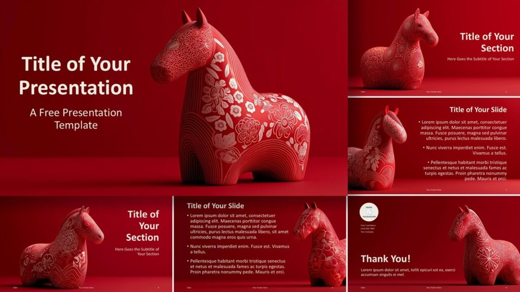 Overview of the Imperial Nordic Crimson template for PowerPoint and Google Slides showing artistic layouts and consistent visual style.