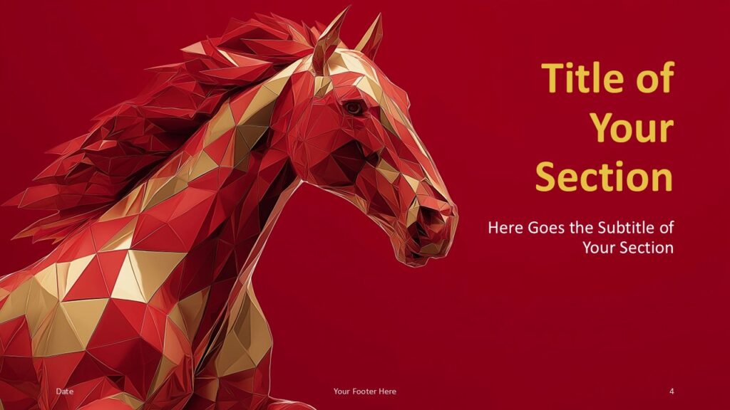 Majestic Stallion PowerPoint & Google Slides Section Slide Section divider slide from the Majestic Stallion PowerPoint and Google Slides template with bold typography and striking horse visuals.