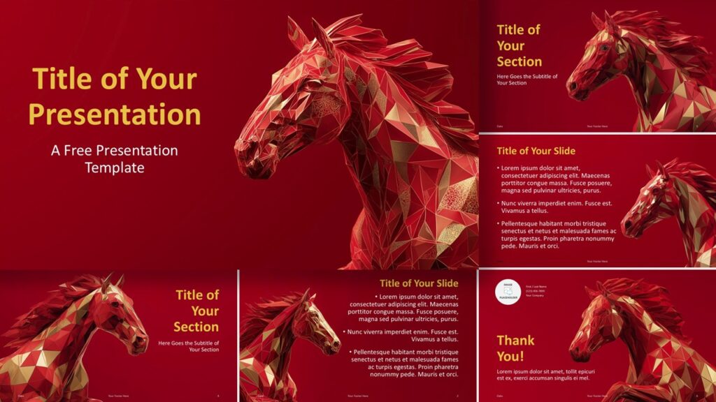 Overview of the Majestic Stallion PowerPoint and Google Slides template showing consistent layouts, typography, and premium red visuals.