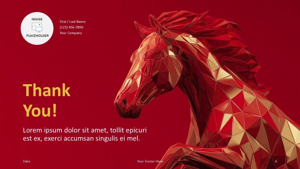 Majestic Stallion PowerPoint & Google Slides Thank You Thank you slide of the Majestic Stallion PowerPoint and Google Slides template with contact placeholders and premium red design.