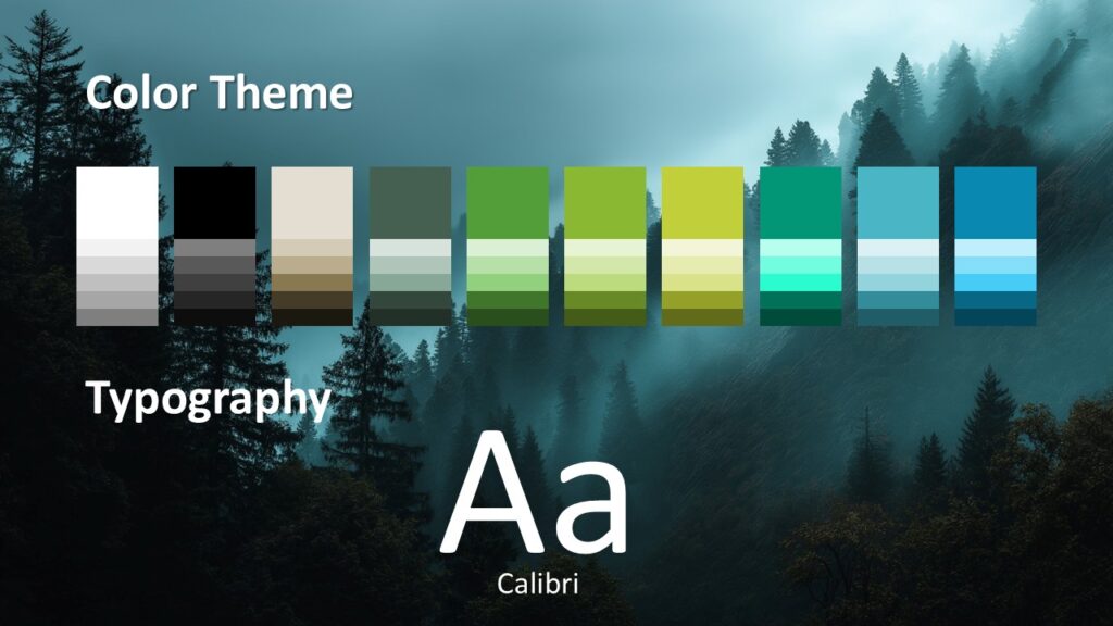 Misty Peaks PowerPoint Google Slides Colors and Fonts Misty Peaks color palette and typography template for PowerPoint and Google Slides showing coordinated greens and blues.