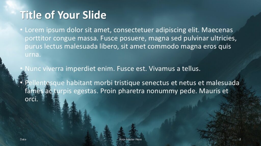 Misty Peaks PowerPoint Google Slides Content Layout Misty Peaks title and content slide template for PowerPoint and Google Slides with clean bullet layout over scenic forest.